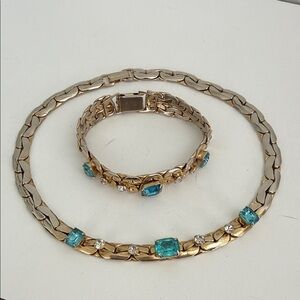 Vintage Gold Tone Aqua Rhinestone Choker & Bracelet Set